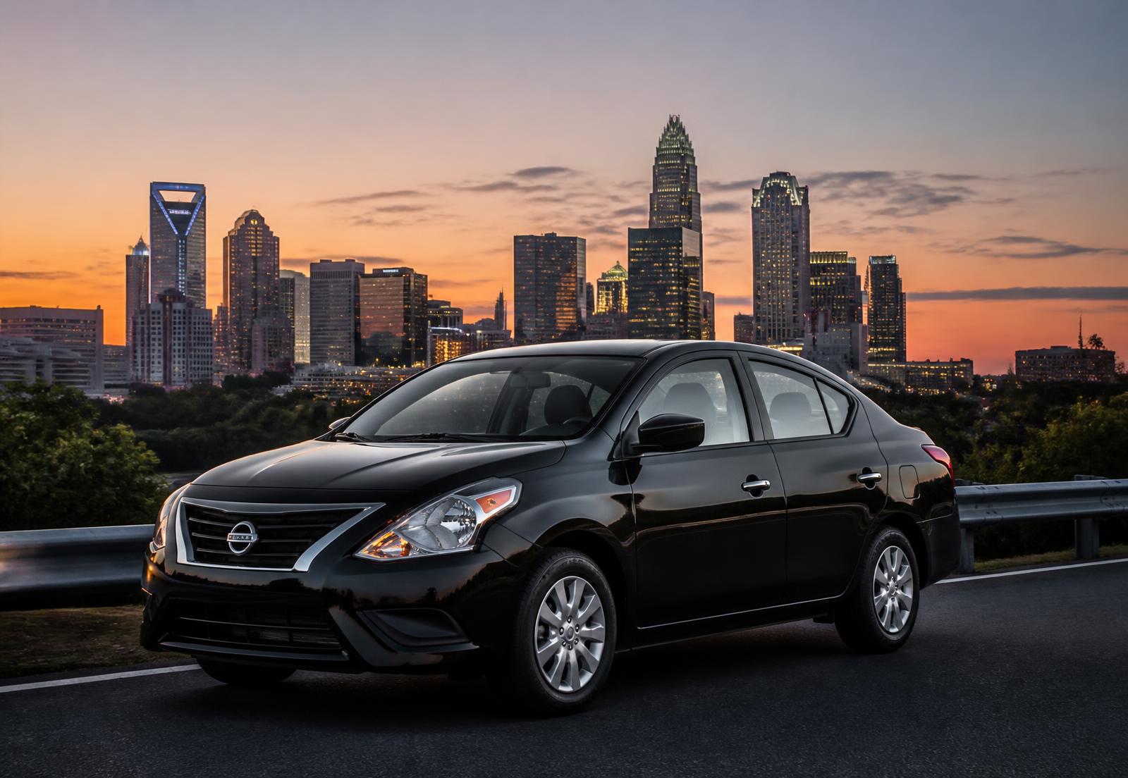 Black economy sedan parked with the Charlotte skyline at sunset